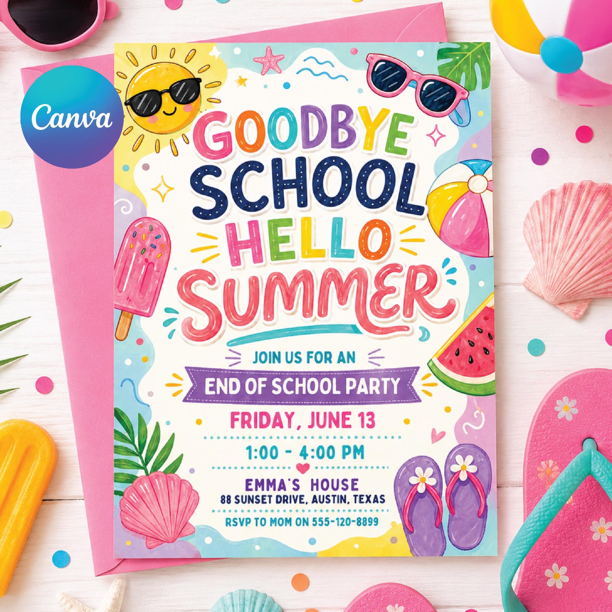 Goodbye School Hello Summer Invitation End of School Party Invite Sun Beach Swim Pool Palm Tree Tropical Schools Out, Canva template __etsy:8011724030