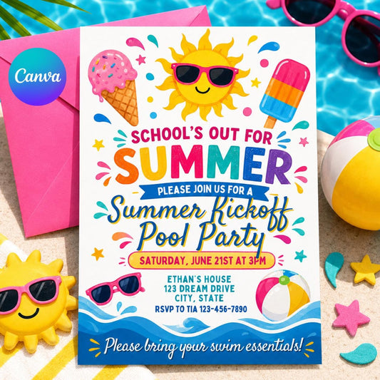 Goodbye School Hello Summer Invitation End of School Party Invite Sun Beach Swim Pool Palm Tree Tropical Schools Out, Canva template __etsy:8026996270