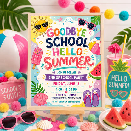 Goodbye School Hello Summer Invitation End of School Party Invite Sun Beach Swim Pool Palm Tree Tropical Schools Out, Canva template __etsy:8011717774