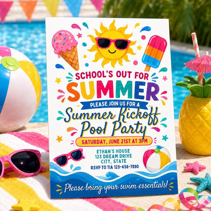 Goodbye School Hello Summer Invitation End of School Party Invite Sun Beach Swim Pool Palm Tree Tropical Schools Out, Canva template __etsy:8026993654