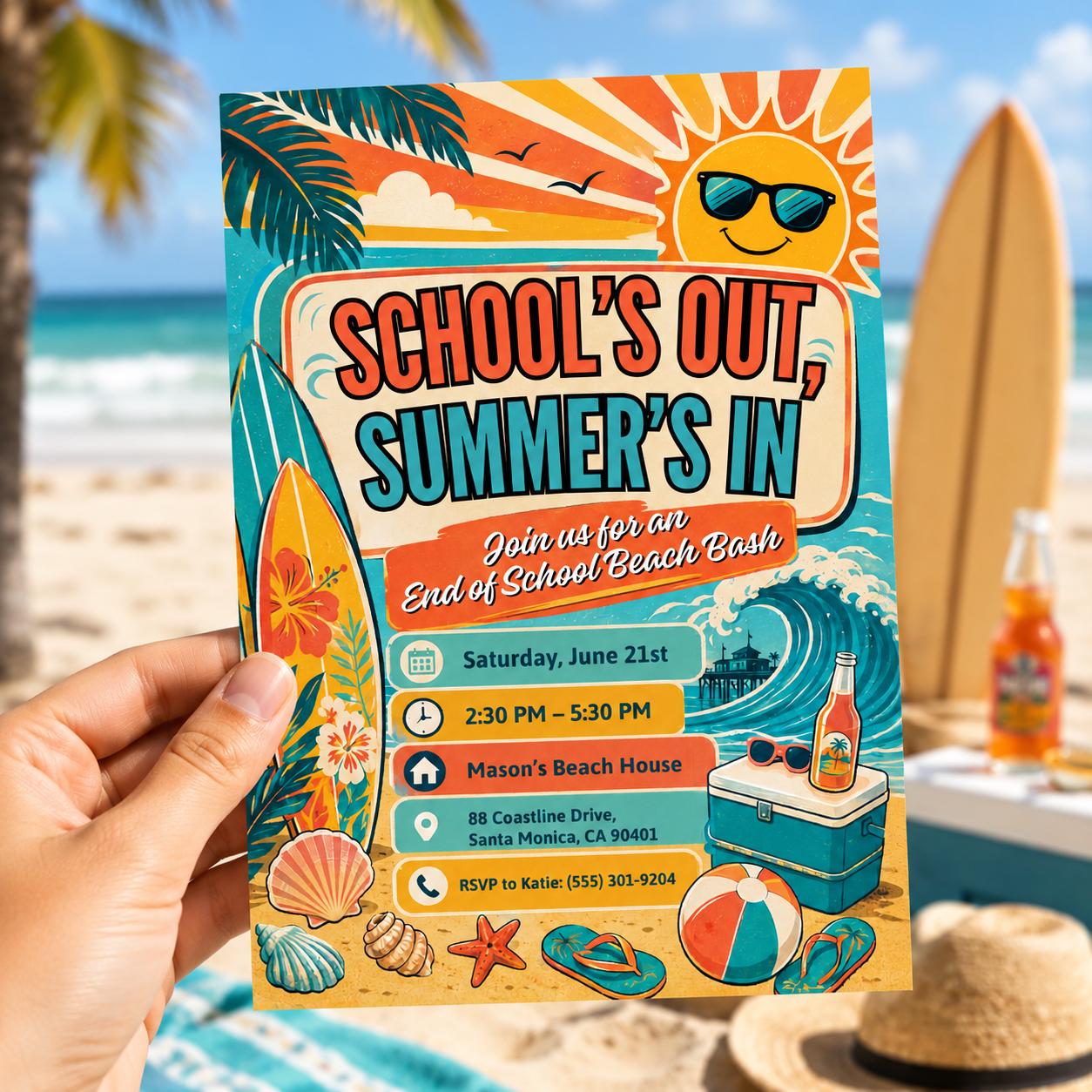 Goodbye School Hello Summer Invitation End of School Party Invite Sun Beach Swim Pool Palm Tree Tropical Schools Out, Canva template __etsy:8101352251
