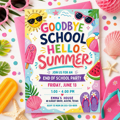 Goodbye School Hello Summer Invitation End of School Party Invite Sun Beach Swim Pool Palm Tree Tropical Schools Out, Canva template __etsy:8059629825
