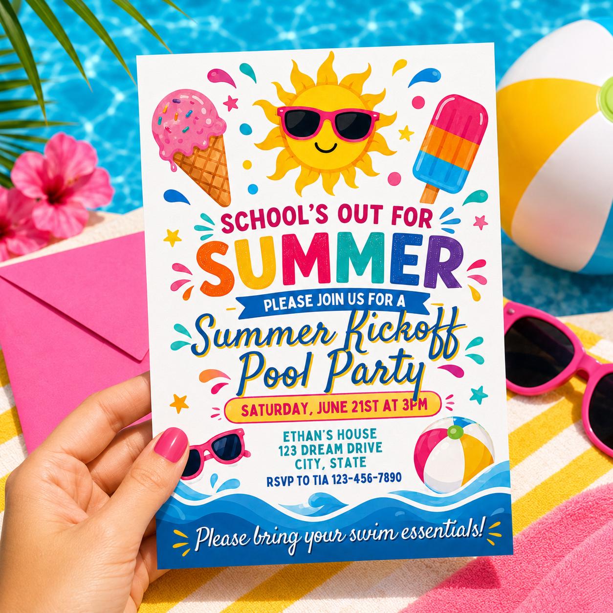 Goodbye School Hello Summer Invitation End of School Party Invite Sun Beach Swim Pool Palm Tree Tropical Schools Out, Canva template __etsy:8074908653