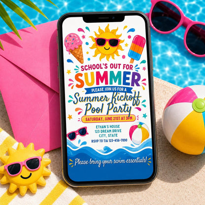 Goodbye School Hello Summer Invitation End of School Party Invite Sun Beach Swim Pool Palm Tree Tropical Schools Out, Canva template __etsy:8026993680