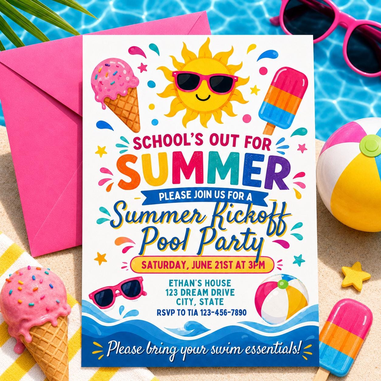 Goodbye School Hello Summer Invitation End of School Party Invite Sun Beach Swim Pool Palm Tree Tropical Schools Out, Canva template __etsy:8026993678