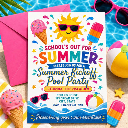 Goodbye School Hello Summer Invitation End of School Party Invite Sun Beach Swim Pool Palm Tree Tropical Schools Out, Canva template __etsy:8026993678