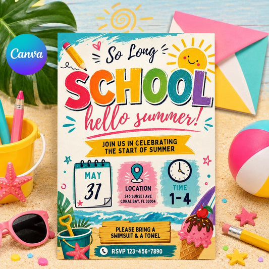 Goodbye School Pool Party Invitation, Goodbye School Hello Pool Invitation, End of School Pool Party Invite, So Long School, Hello Summer! __etsy:8026294554