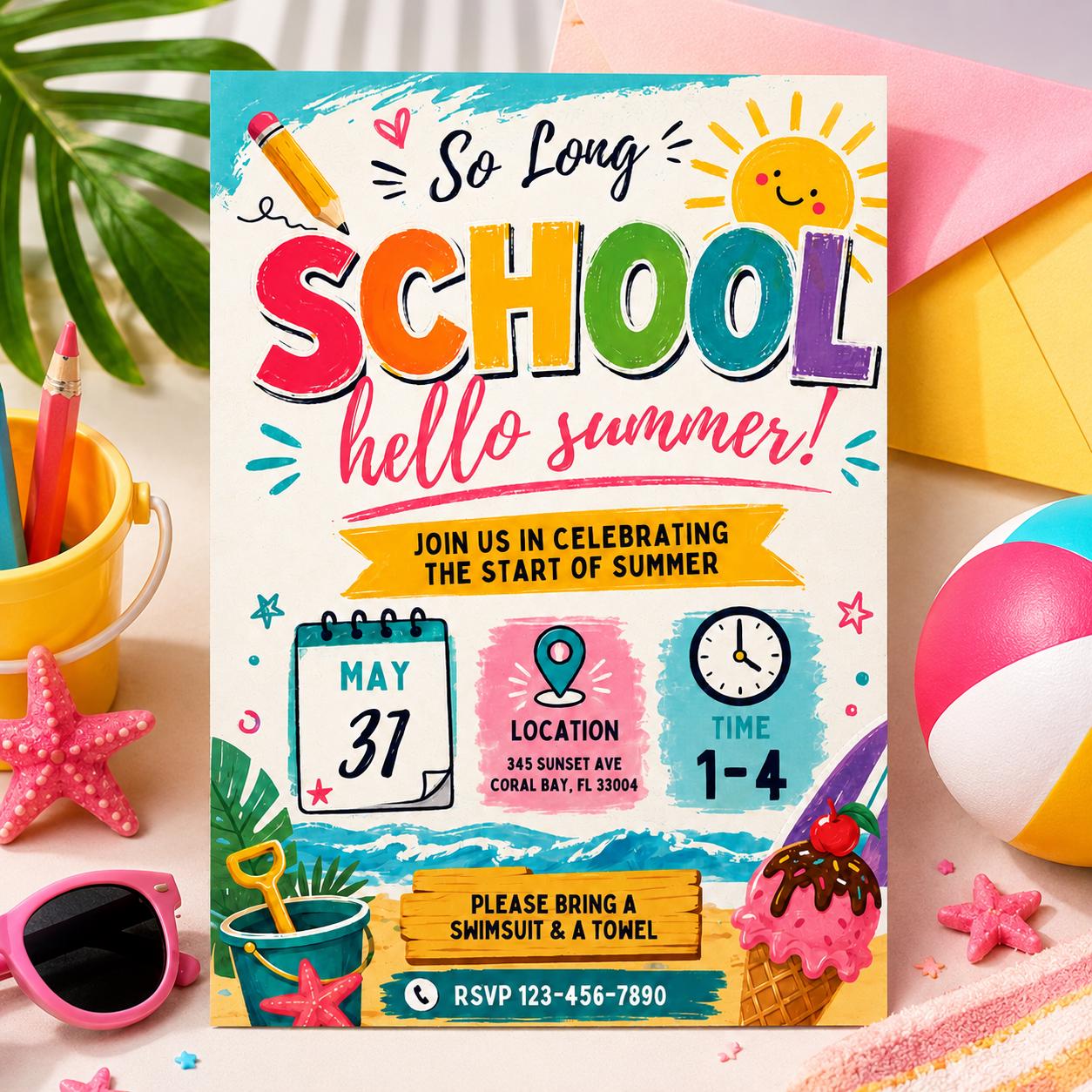 Goodbye School Pool Party Invitation, Goodbye School Hello Pool Invitation, End of School Pool Party Invite, So Long School, Hello Summer! __etsy:8026291894