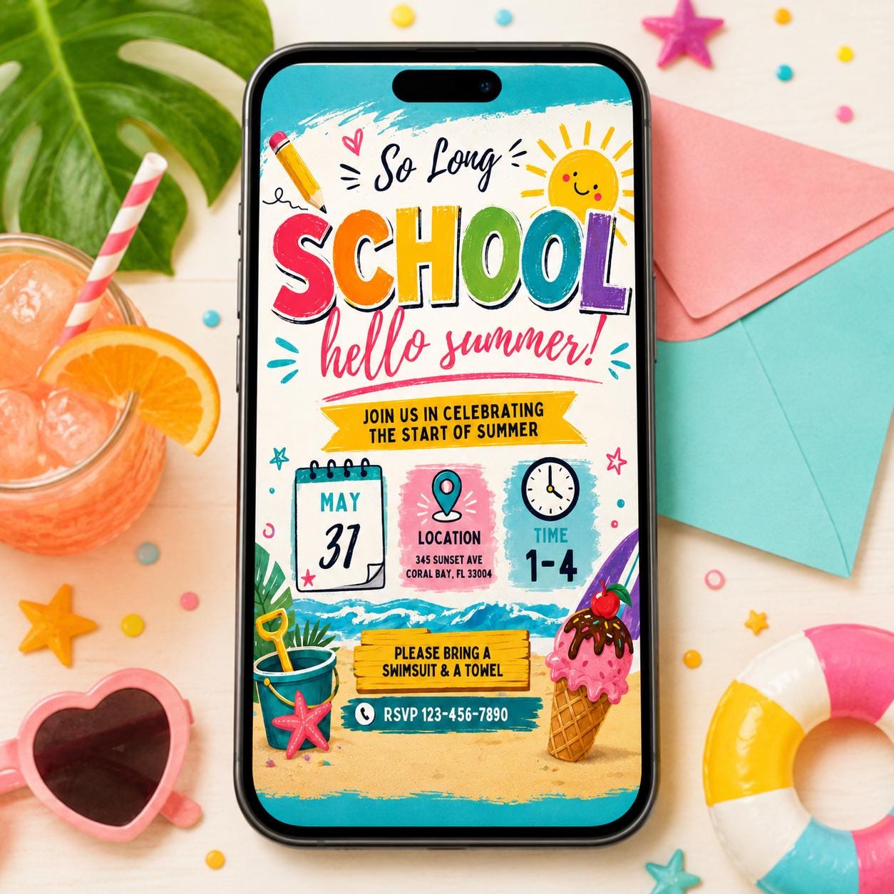 Goodbye School Pool Party Invitation, Goodbye School Hello Pool Invitation, End of School Pool Party Invite, So Long School, Hello Summer! __etsy:8026291886