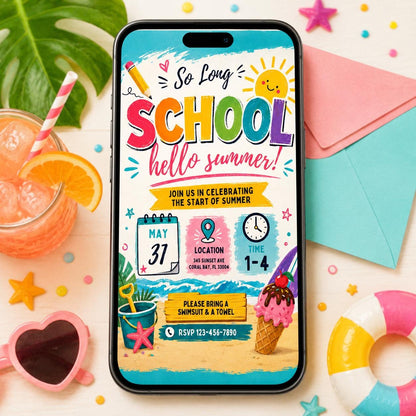 Goodbye School Pool Party Invitation, Goodbye School Hello Pool Invitation, End of School Pool Party Invite, So Long School, Hello Summer! __etsy:8026291886