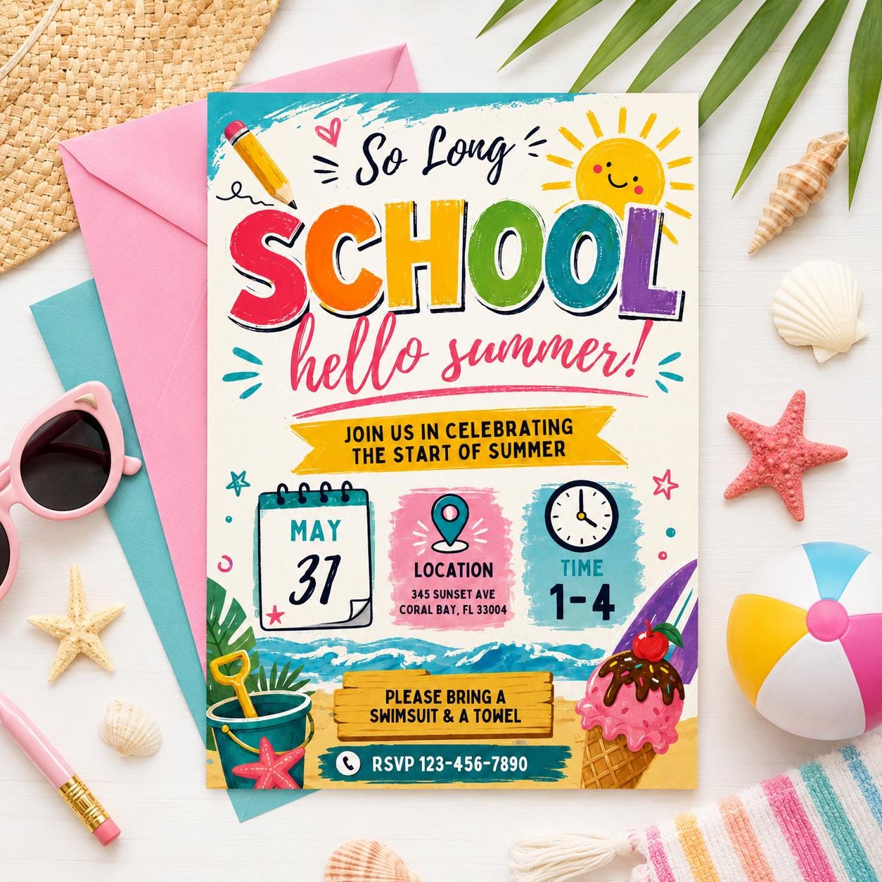 Goodbye School Pool Party Invitation, Goodbye School Hello Pool Invitation, End of School Pool Party Invite, So Long School, Hello Summer! __etsy:8026291900