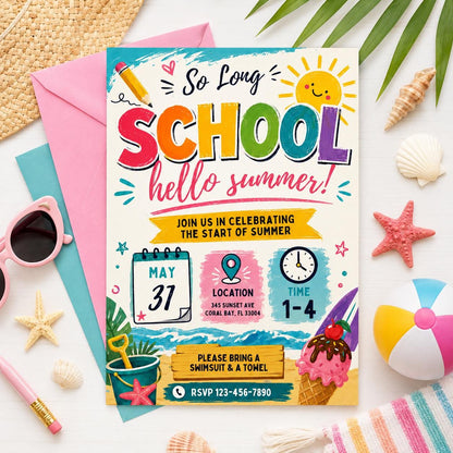 Goodbye School Pool Party Invitation, Goodbye School Hello Pool Invitation, End of School Pool Party Invite, So Long School, Hello Summer! __etsy:8026291900