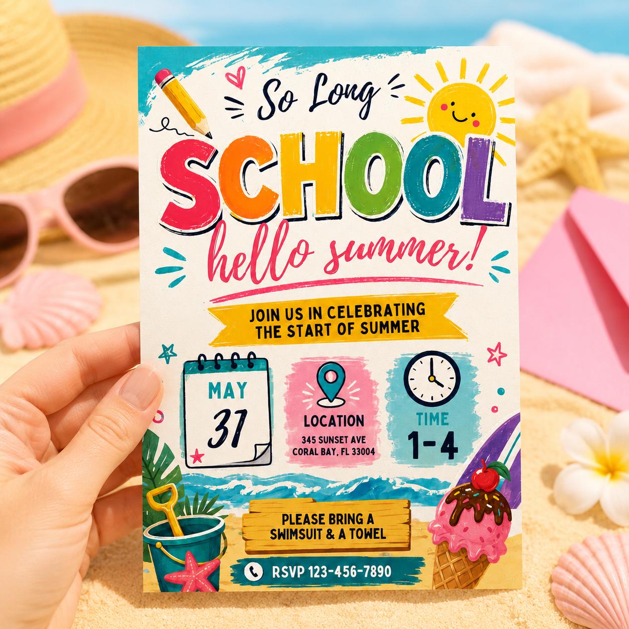 Goodbye School Pool Party Invitation, Goodbye School Hello Pool Invitation, End of School Pool Party Invite, So Long School, Hello Summer! __etsy:8074205399