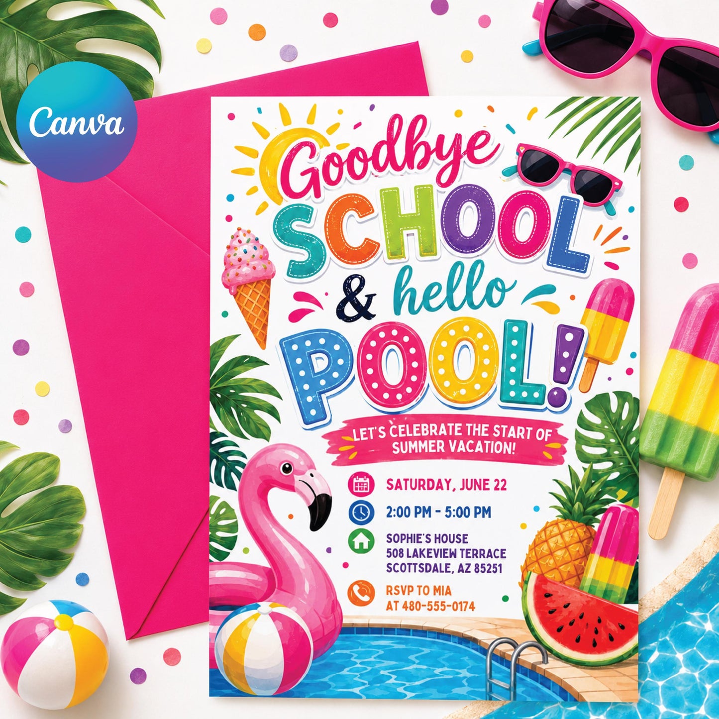 Goodbye School Pool Party Invitation, Goodbye School Hello Pool Invitation, End of School Pool Party Invite, Summer Break Party Invite, __etsy:8060082083