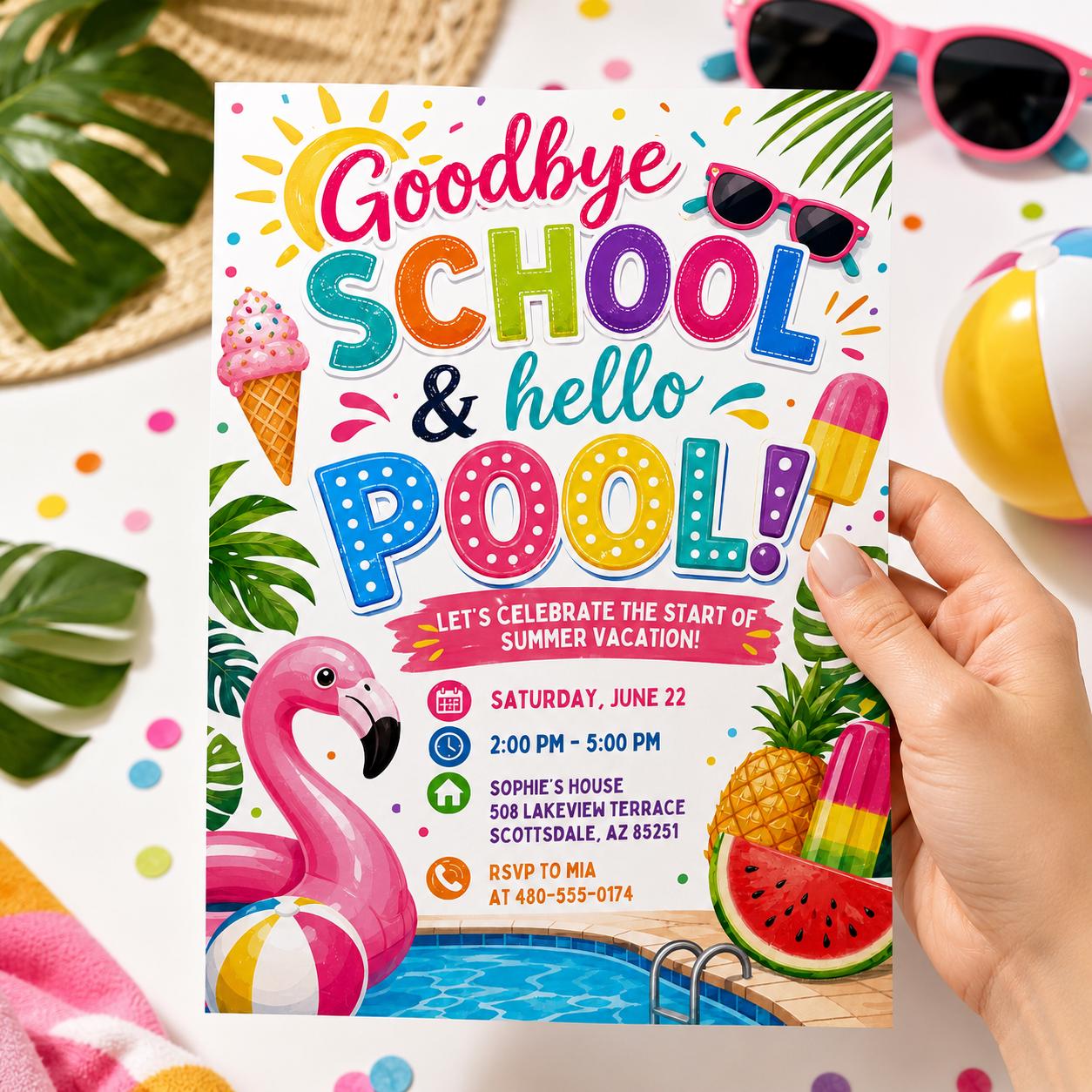 Goodbye School Pool Party Invitation, Goodbye School Hello Pool Invitation, End of School Pool Party Invite, Summer Break Party Invite, __etsy:8060071361