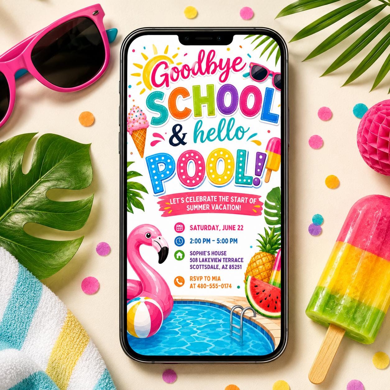 Goodbye School Pool Party Invitation, Goodbye School Hello Pool Invitation, End of School Pool Party Invite, Summer Break Party Invite, __etsy:8060071347