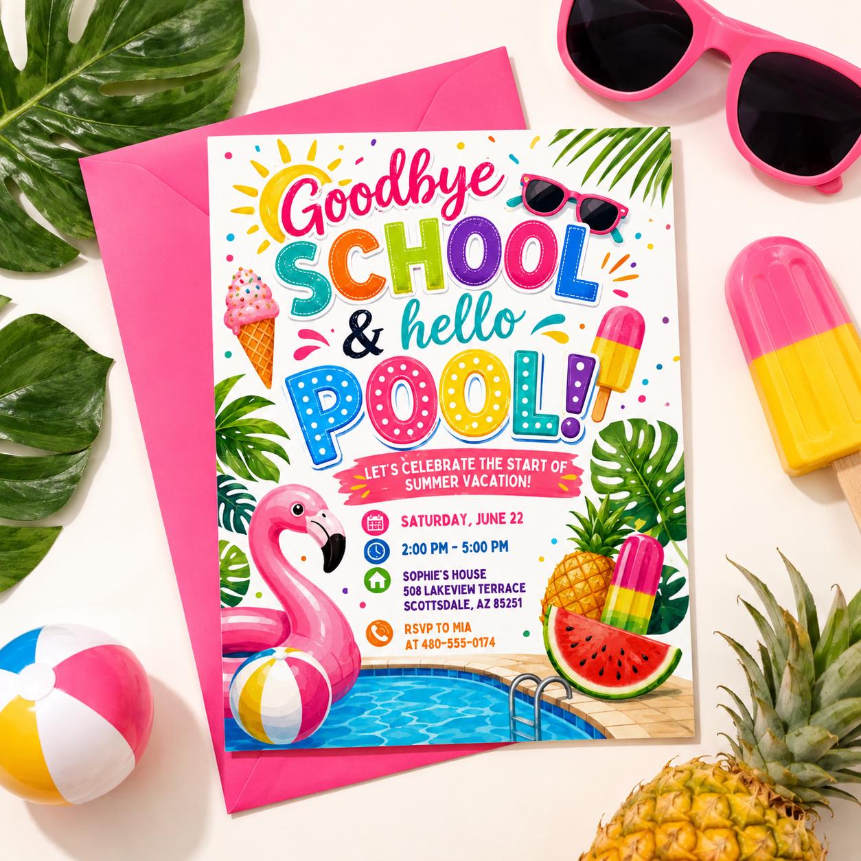 Goodbye School Pool Party Invitation, Goodbye School Hello Pool Invitation, End of School Pool Party Invite, Summer Break Party Invite, __etsy:8012160380