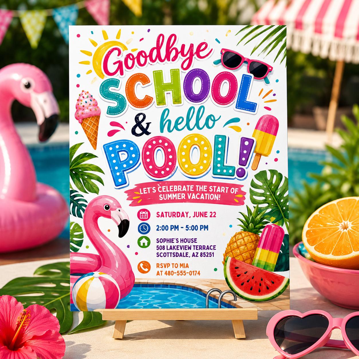 Goodbye School Pool Party Invitation, Goodbye School Hello Pool Invitation, End of School Pool Party Invite, Summer Break Party Invite, __etsy:8012160382