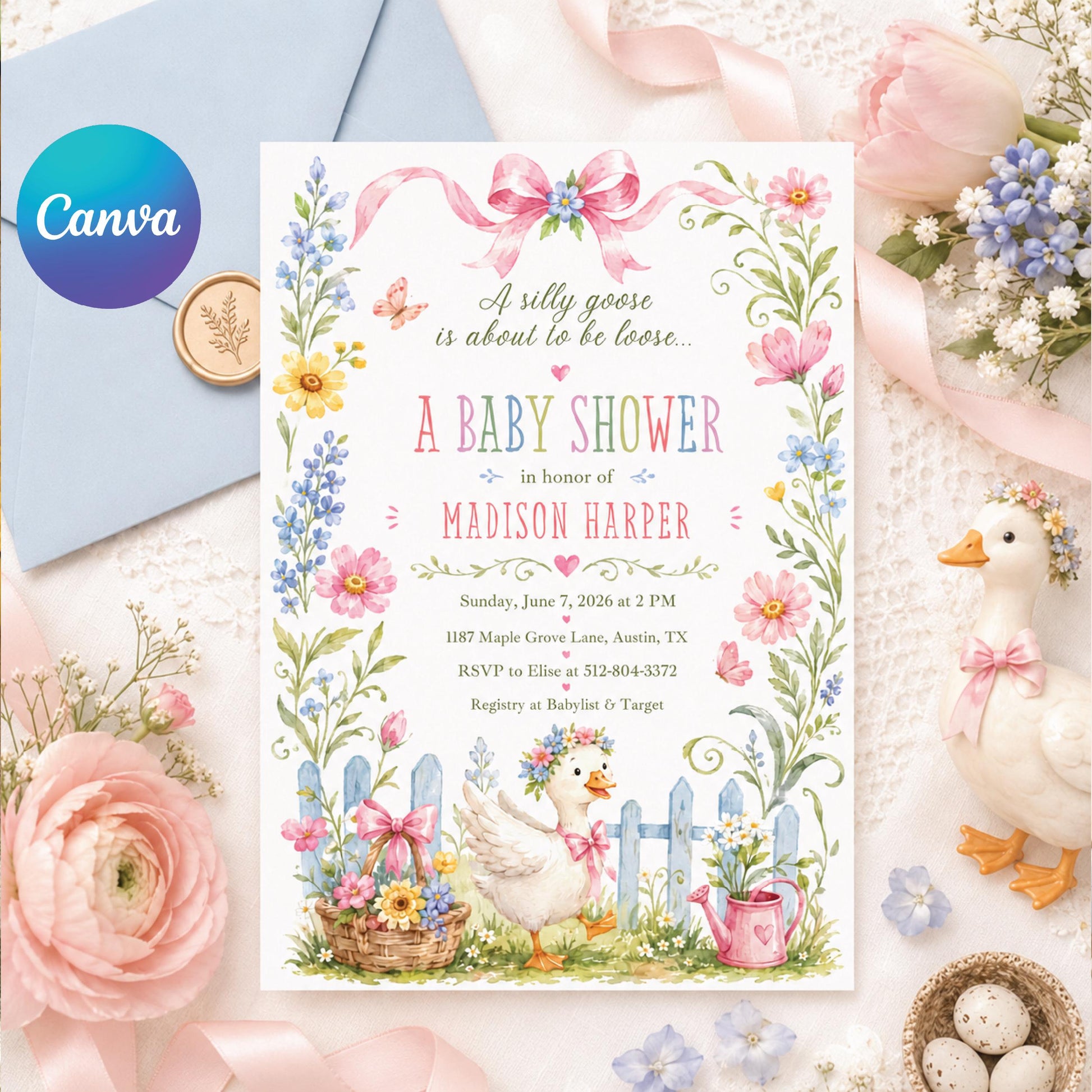 Goose Baby Shower Invitation, Silly Goose is Almost on the Loose Baby Shower Invite Template, Pink Gingham Silly Goose 1st Invitation, Canva __etsy:8019902434