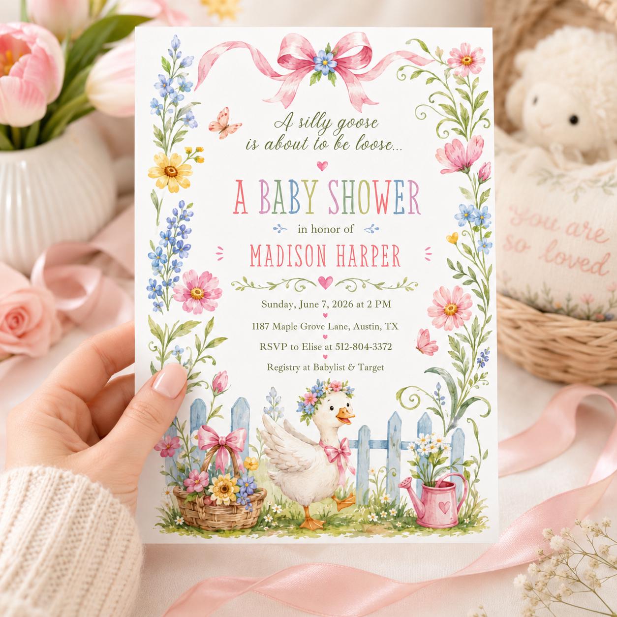 Goose Baby Shower Invitation, Silly Goose is Almost on the Loose Baby Shower Invite Template, Pink Gingham Silly Goose 1st Invitation, Canva __etsy:8019893612