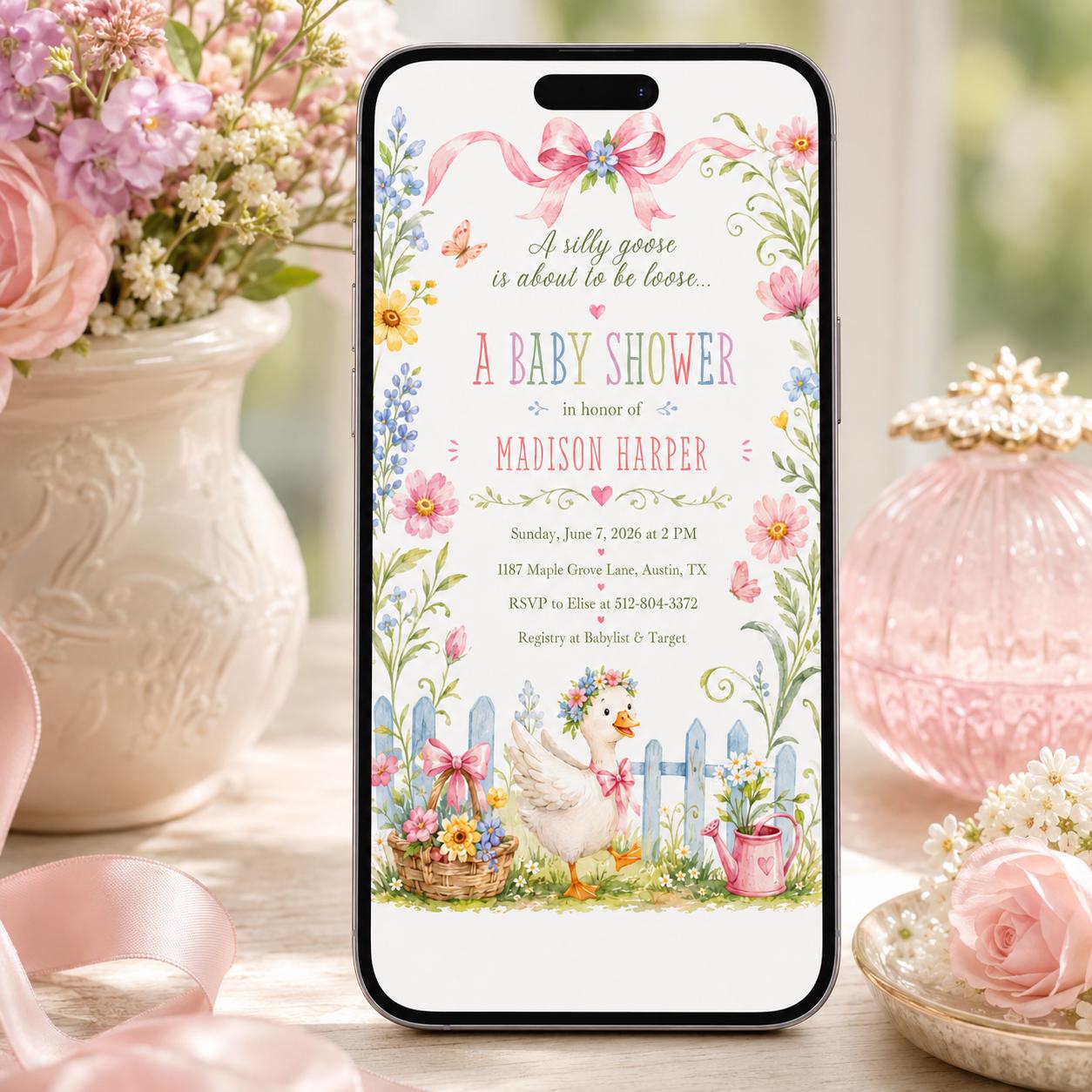 Goose Baby Shower Invitation, Silly Goose is Almost on the Loose Baby Shower Invite Template, Pink Gingham Silly Goose 1st Invitation, Canva __etsy:8067810367