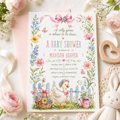 Goose Baby Shower Invitation, Silly Goose is Almost on the Loose Baby Shower Invite Template, Pink Gingham Silly Goose 1st Invitation, Canva __etsy:8067810371