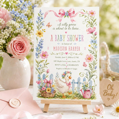 Goose Baby Shower Invitation, Silly Goose is Almost on the Loose Baby Shower Invite Template, Pink Gingham Silly Goose 1st Invitation, Canva __etsy:8067810369