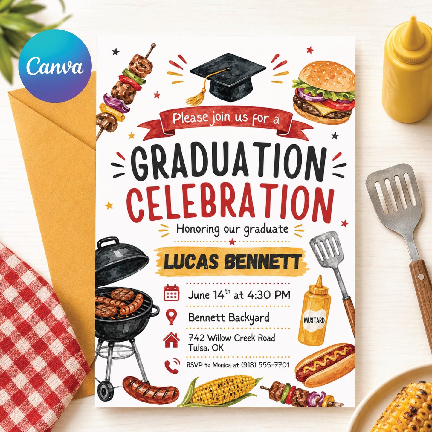 Graduation BBQ Invitation, Editable Graduation BBQ Celebration Invitation, Printable Modern Senior Class Grad Party Invite, Canva Template __etsy:8022347412