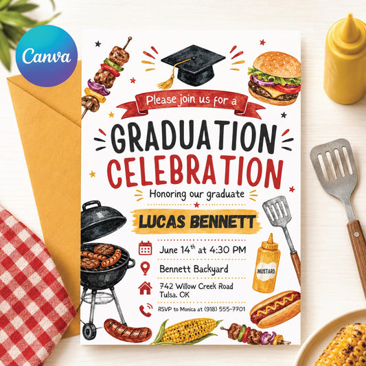 Graduation BBQ Invitation, Editable Graduation BBQ Celebration Invitation, Printable Modern Senior Class Grad Party Invite, Canva Template __etsy:8022347412