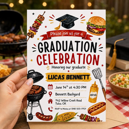 Graduation BBQ Invitation, Editable Graduation BBQ Celebration Invitation, Printable Modern Senior Class Grad Party Invite, Canva Template __etsy:8070261845