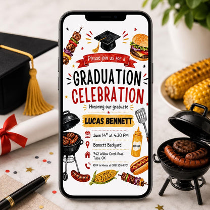 Graduation BBQ Invitation, Editable Graduation BBQ Celebration Invitation, Printable Modern Senior Class Grad Party Invite, Canva Template __etsy:8022345876