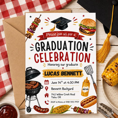 Graduation BBQ Invitation, Editable Graduation BBQ Celebration Invitation, Printable Modern Senior Class Grad Party Invite, Canva Template __etsy:8070261933