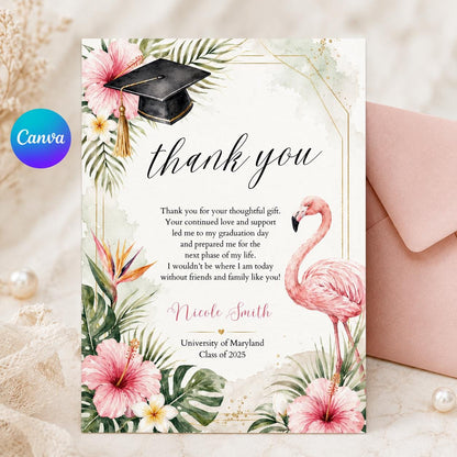 Graduation Thank You Card Template, Tropical Flamingo Design, Printable Graduate Confetti Thank You, Editable Modern Grad Thank You Note __etsy:8063177416