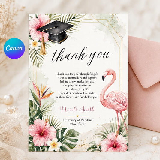 Graduation Thank You Card Template, Tropical Flamingo Design, Printable Graduate Confetti Thank You, Editable Modern Grad Thank You Note __etsy:8063177416