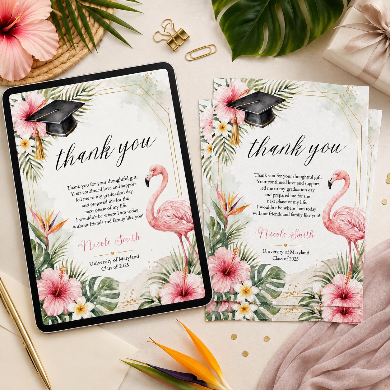 Graduation Thank You Card Template, Tropical Flamingo Design, Printable Graduate Confetti Thank You, Editable Modern Grad Thank You Note __etsy:8111095879
