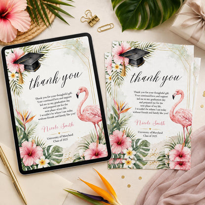 Graduation Thank You Card Template, Tropical Flamingo Design, Printable Graduate Confetti Thank You, Editable Modern Grad Thank You Note __etsy:8111095879