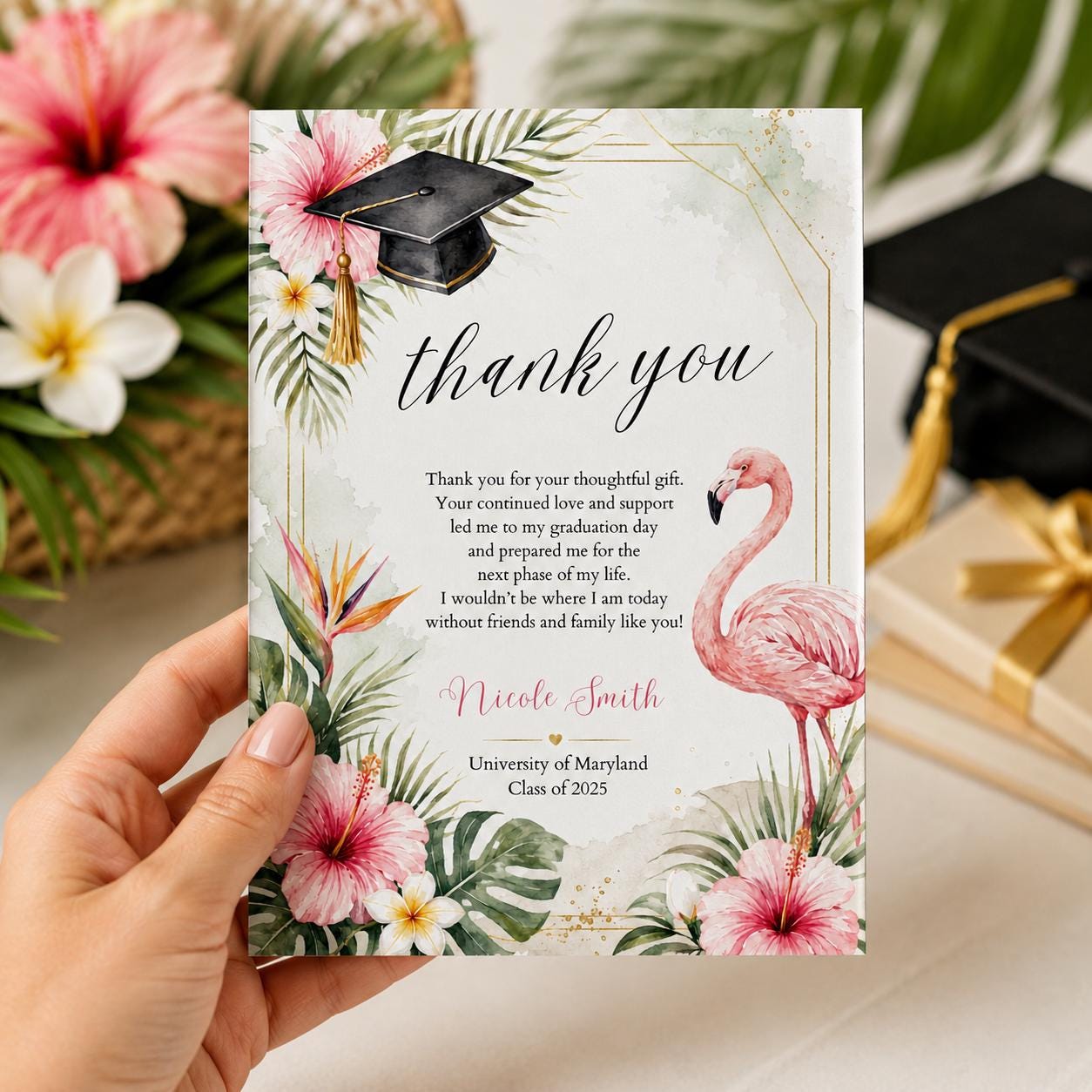Graduation Thank You Card Template, Tropical Flamingo Design, Printable Graduate Confetti Thank You, Editable Modern Grad Thank You Note __etsy:8111095871