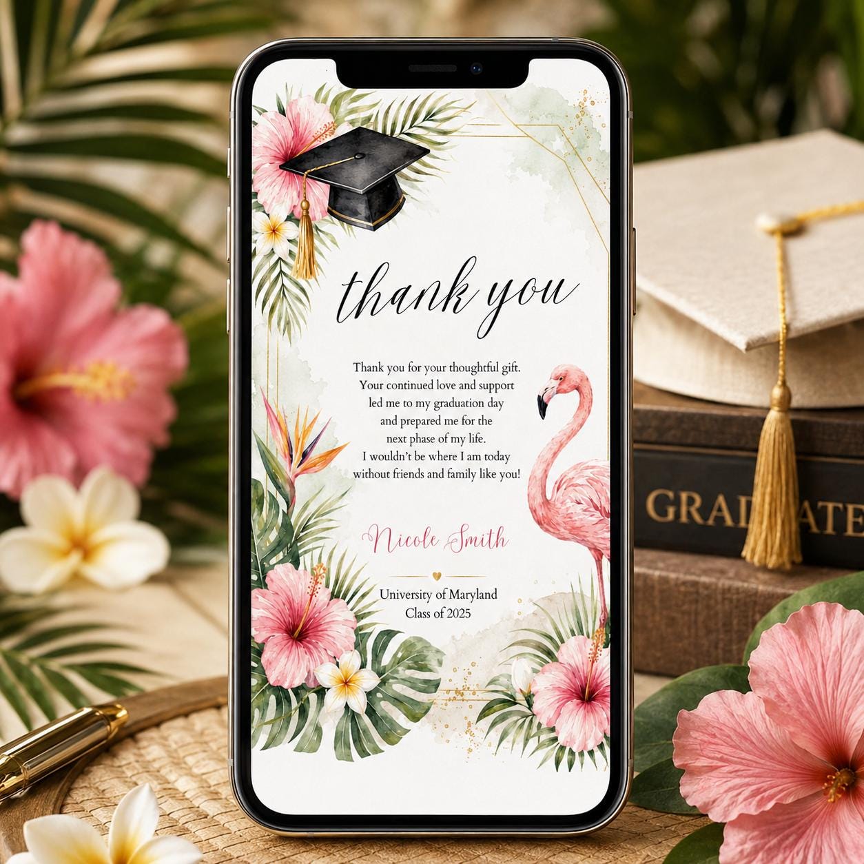 Graduation Thank You Card Template, Tropical Flamingo Design, Printable Graduate Confetti Thank You, Editable Modern Grad Thank You Note __etsy:8063177418