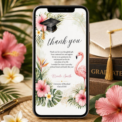 Graduation Thank You Card Template, Tropical Flamingo Design, Printable Graduate Confetti Thank You, Editable Modern Grad Thank You Note __etsy:8063177418