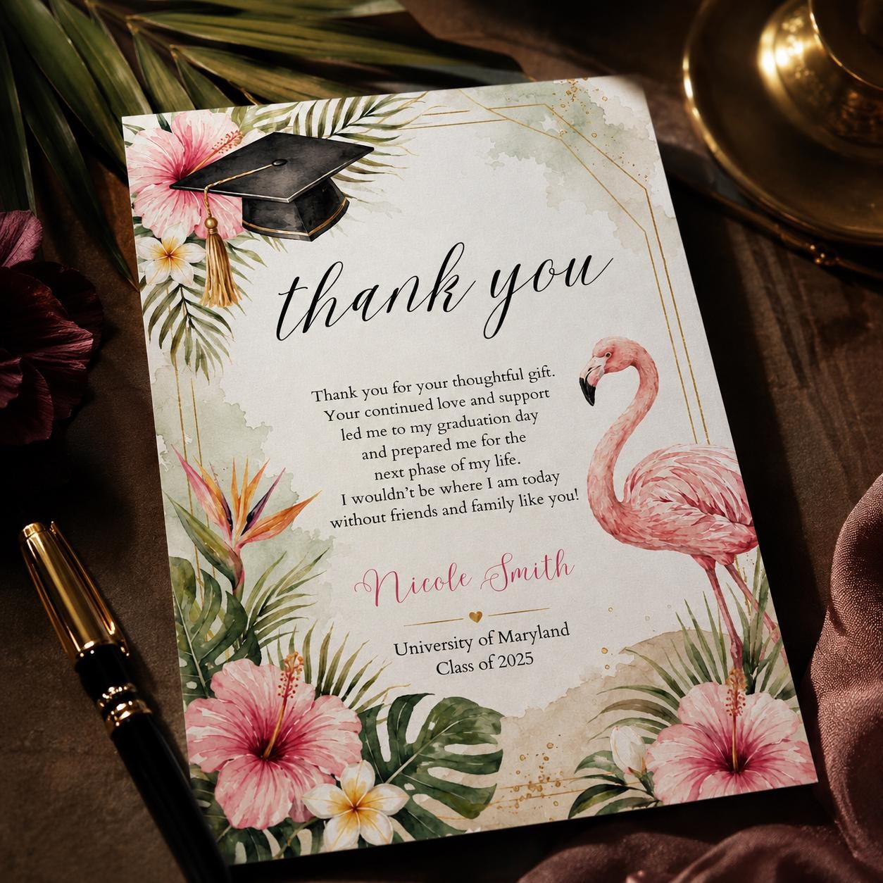 Graduation Thank You Card Template, Tropical Flamingo Design, Printable Graduate Confetti Thank You, Editable Modern Grad Thank You Note __etsy:8111095877