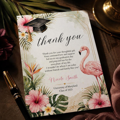 Graduation Thank You Card Template, Tropical Flamingo Design, Printable Graduate Confetti Thank You, Editable Modern Grad Thank You Note __etsy:8111095877
