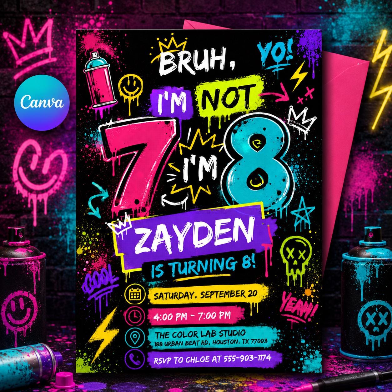 Graffiti Birthday Invitation, Six Seven Birthday Invitation, I Was 6 Now I’m 7 Invite, Editable Party Template, Kids Birthday invitation __etsy:8060364826