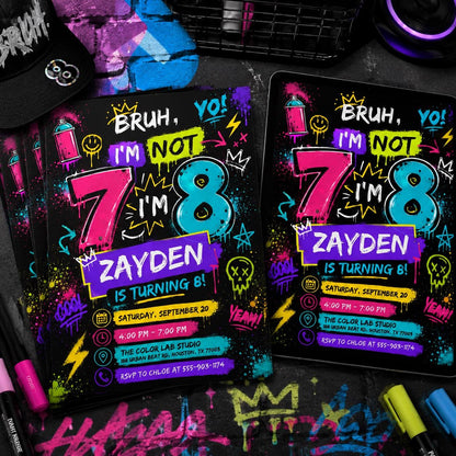 Graffiti Birthday Invitation, Six Seven Birthday Invitation, I Was 6 Now I’m 7 Invite, Editable Party Template, Kids Birthday invitation __etsy:8108278545