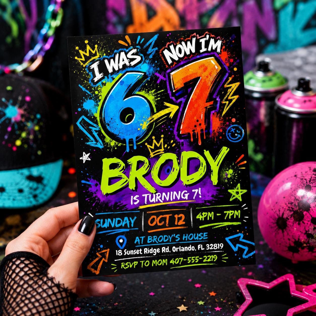 Graffiti Birthday Invitation, Six Seven Meme Birthday Invitation, 7th birthday invite boy, I Was 6 Now I’m 7 birthday invite, Canva Template __etsy:8088540799