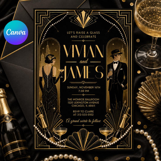 Great Gatsby Party Invitation, Roaring 20s Birthday Invite, Black and Gold Twenties Dinner, 1920s Art Deco Birthday Invite, Editable Canva __etsy:8056815377