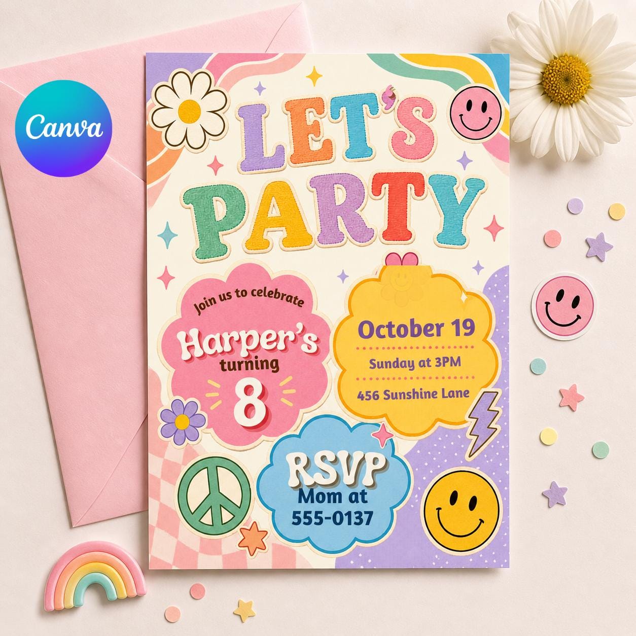 Groovy Birthday Party, Lets Party, Invitation Template, Editable Canva Template __etsy:8035893895