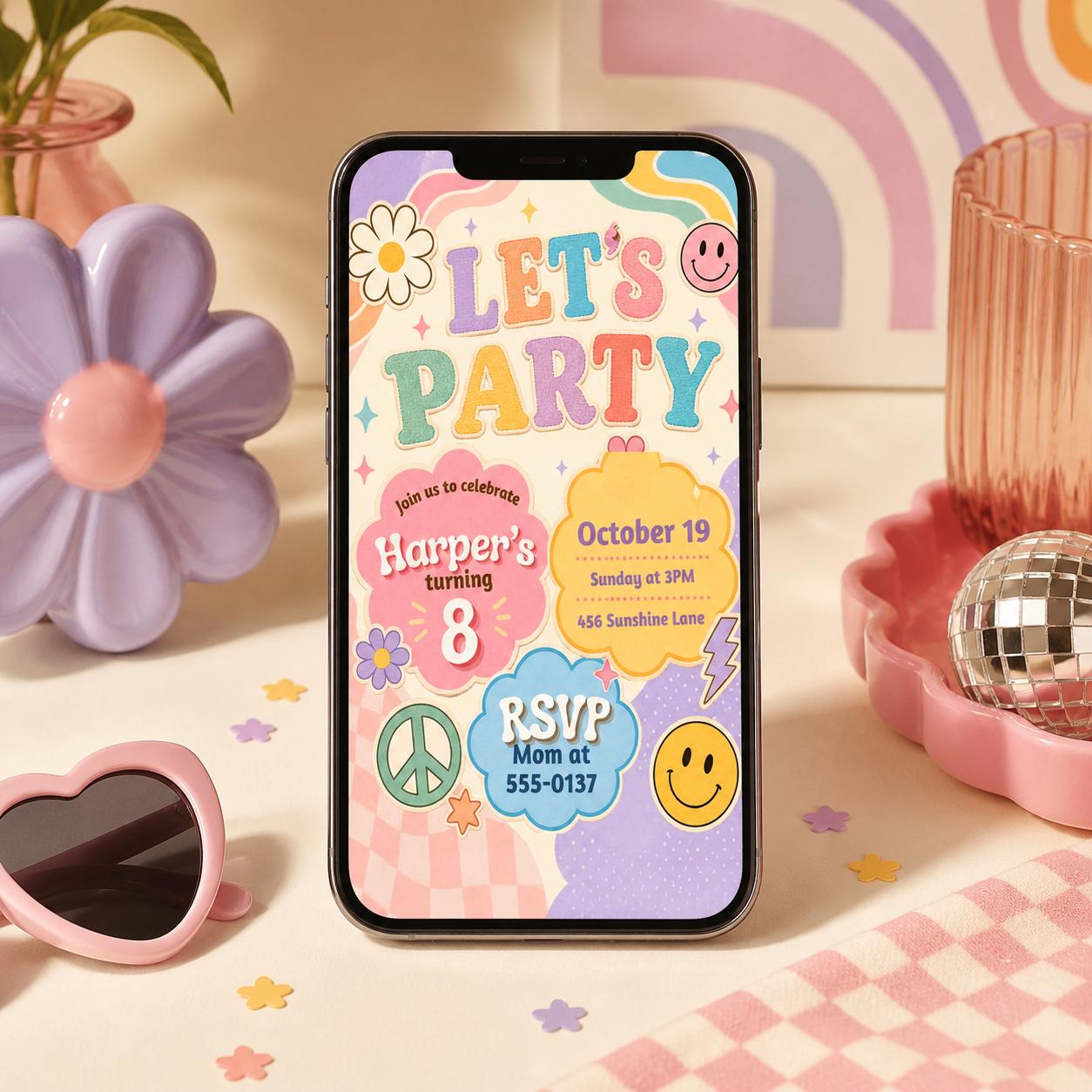 Groovy Birthday Party, Lets Party, Invitation Template, Editable Canva Template __etsy:8033859073