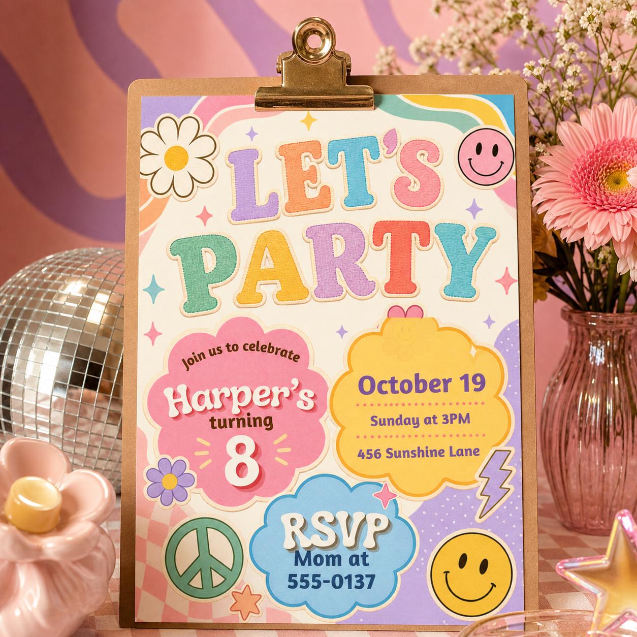Groovy Birthday Party, Lets Party, Invitation Template, Editable Canva Template __etsy:8033859241