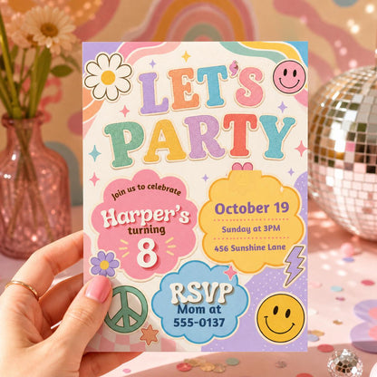 Groovy Birthday Party, Lets Party, Invitation Template, Editable Canva Template __etsy:8033859227
