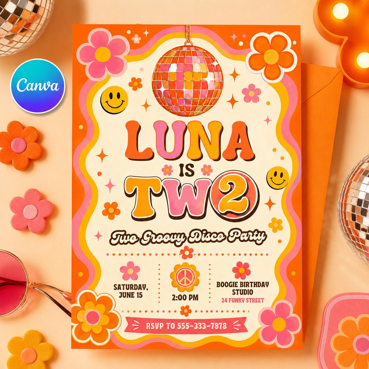 Groovy Disco Birthday Invitation, Two Sweet Invitation, 2nd Birthday Invitation, Girl Two Year Candy Invite, Editable Canva Template __etsy:8095063775